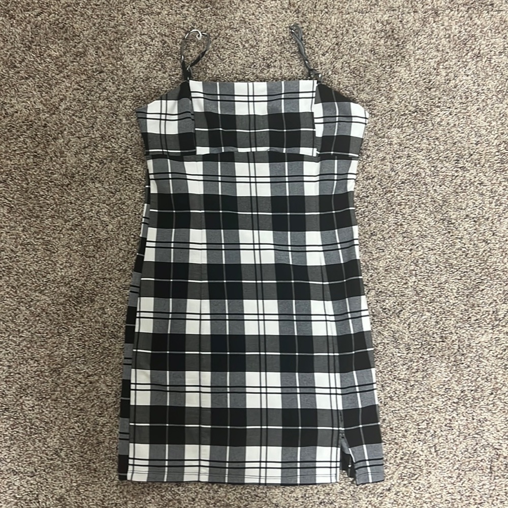 Mini black,white, and gray plaid dress with 1 inch slit left side, thin straps